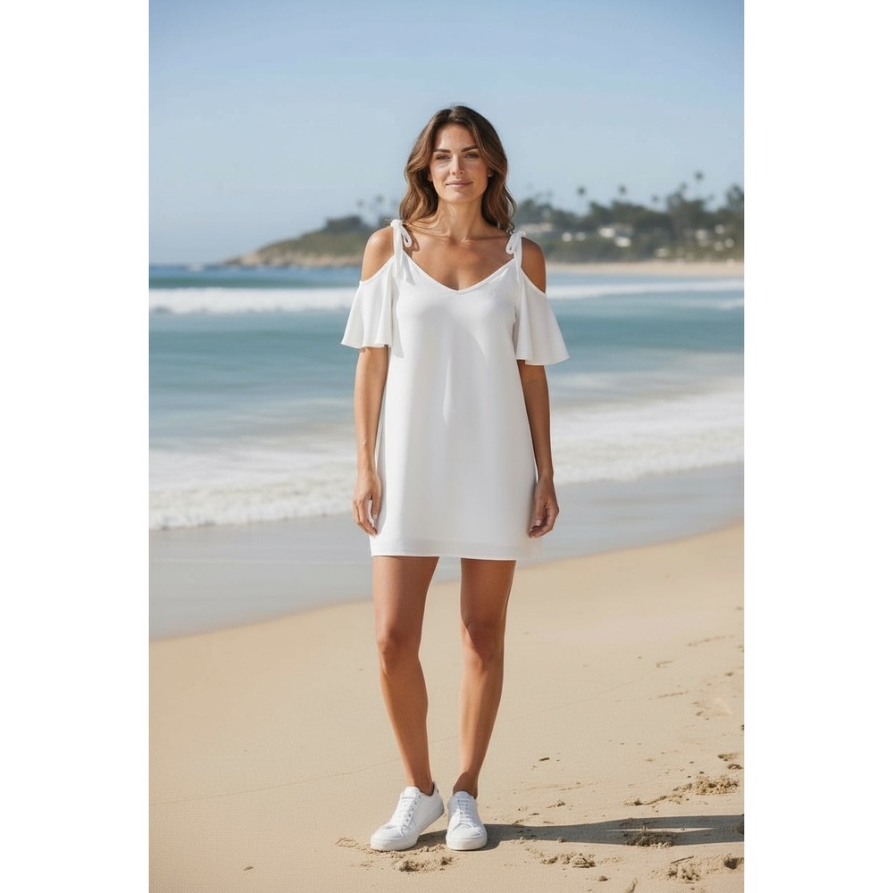 Milla Women's White V Neck Tie Shoulder Tunic Top Shirt Dress Size M